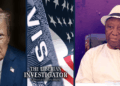 Split image featuring former U.S. President Donald Trump on the left, a close-up of a U.S. visa with The Liberian Investigator logo in the center, and Liberian President Joseph Boakai wearing a white hat and traditional attire on the right.