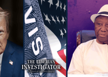 Split image featuring former U.S. President Donald Trump on the left, a close-up of a U.S. visa with The Liberian Investigator logo in the center, and Liberian President Joseph Boakai wearing a white hat and traditional attire on the right.