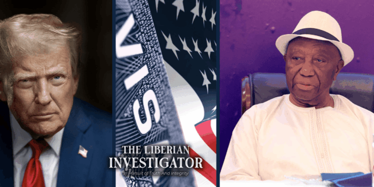 Split image featuring former U.S. President Donald Trump on the left, a close-up of a U.S. visa with The Liberian Investigator logo in the center, and Liberian President Joseph Boakai wearing a white hat and traditional attire on the right.
