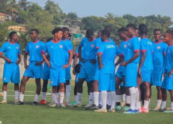 Liberia’s U-20 national football team trains ahead of the 2025 WAFU Championship in Ghana, with players gathered for final preparations on the pitch.