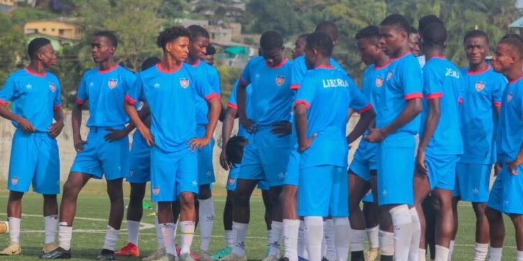 Liberia’s U-20 national football team trains ahead of the 2025 WAFU Championship in Ghana, with players gathered for final preparations on the pitch.