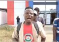 University of Liberia student and SUP member shouts during protest at Liberia Football Association headquarters in Monrovia