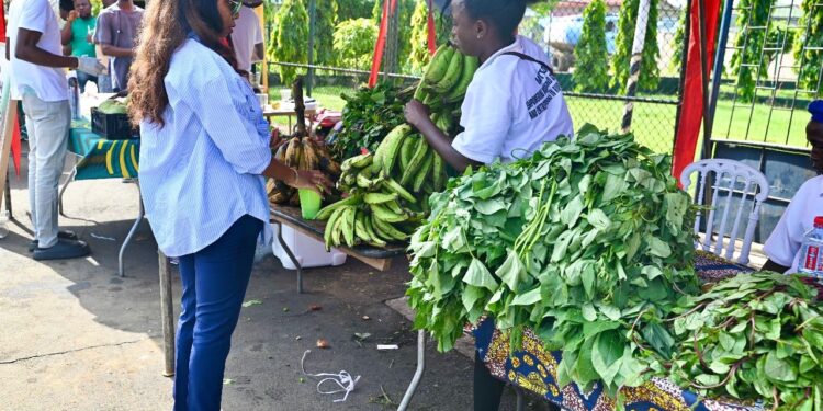 A woman buys fresh plantains and leafy vegetables from local vendors at UNIDO's Grow-2 Farmers’ Market in Monrovia, Liberia – June 2025.