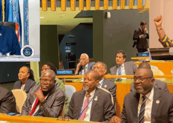 Liberian officials, including Foreign Minister Sara Beysolow Nyanti and lawmakers, celebrate at the UN Headquarters in New York as President Joseph Boakai addresses the nation following Liberia’s election to the UN Security Council.