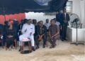 Former President George Weah seated among mourners at the home of late First Lady Nancy Doe, offering condolences to the bereaved family in Sinkor, Monrovia.