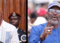 Side-by-side photo of President Joseph Boakai speaking at a podium and former President George Weah addressing supporters with a microphone