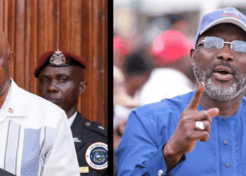 Side-by-side photo of President Joseph Boakai speaking at a podium and former President George Weah addressing supporters with a microphone