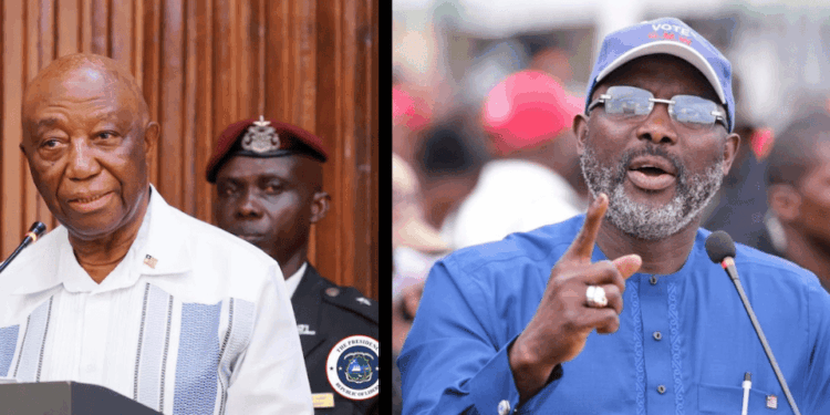 Side-by-side photo of President Joseph Boakai speaking at a podium and former President George Weah addressing supporters with a microphone