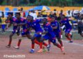 Paris FC players celebrate semifinal qualification at the 2025 National 3rd Division Playoff in Zwedru, Grand Gedeh County.