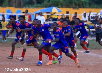 Paris FC players celebrate semifinal qualification at the 2025 National 3rd Division Playoff in Zwedru, Grand Gedeh County.