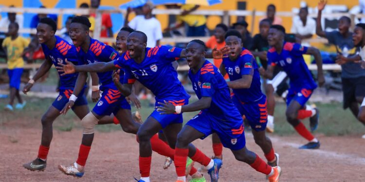 Paris FC players celebrate semifinal qualification at the 2025 National 3rd Division Playoff in Zwedru, Grand Gedeh County.