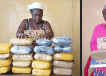 Two women, including a 74-year-old, pictured with large quantities of marijuana following their arrest by LDEA officers in Cape Mount.