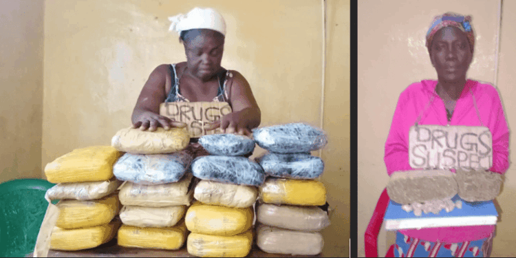 Two women, including a 74-year-old, pictured with large quantities of marijuana following their arrest by LDEA officers in Cape Mount.
