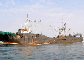 A large industrial fishing vessel at sea, representing the EU’s scrutiny of illegal fishing activities in West Africa