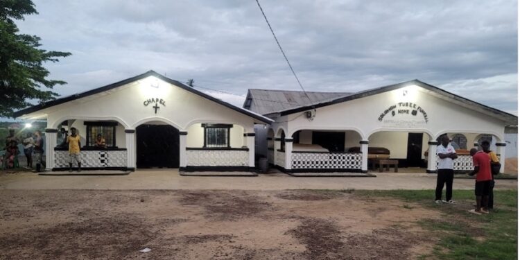 Front view of Solomon Tubee Funeral Home in Kakata, Liberia, where a burial mix-up involving two elderly women caused public outcry