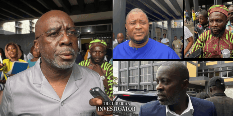 Former Speaker J. Fonati Koffa and co-defendants Dixon Seboe, Abu Bana Kamara, and Jacob Debee appear outside Monrovia City Court as the defense challenges the prosecution’s use of social media evidence in the Capitol arson case.