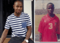 Side-by-side photos of former Liberian footballer John Tarkpoh Sonkailey — on the left, a recent image of him wearing a striped t-shirt and seated casually; on the right, an older photo of him in a red national team jersey on a football field.