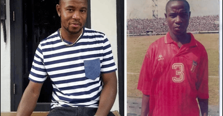 Side-by-side photos of former Liberian footballer John Tarkpoh Sonkailey — on the left, a recent image of him wearing a striped t-shirt and seated casually; on the right, an older photo of him in a red national team jersey on a football field.