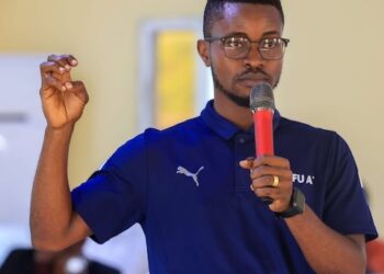 LFA Media Manager Anthony Kokoi addresses the District League funding controversy during a press event in Congo Town.