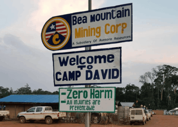 Bea Mountain Mining Corp sign at Camp David site in Grand Cape Mount County, Liberia