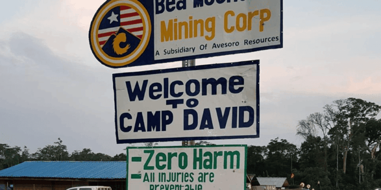 Bea Mountain Mining Corp sign at Camp David site in Grand Cape Mount County, Liberia