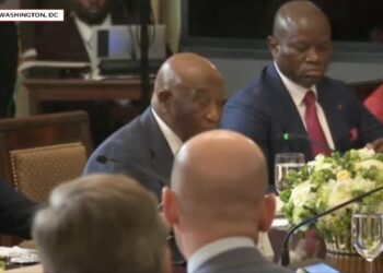 Liberian President Joseph Boakai speaking during a White House luncheon with President Trump and other African leaders, requesting U.S. investment in Liberia’s mineral sector.