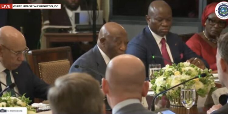 Liberian President Joseph Boakai speaking during a White House luncheon with President Trump and other African leaders, requesting U.S. investment in Liberia’s mineral sector.