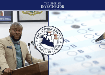 Civil Service Agency Director-General Dr. Josiah F. Joekai Jr. addresses the press, announcing Liberia’s mandatory national civil service exam policy for all new government jobs, starting July 28, 2025.