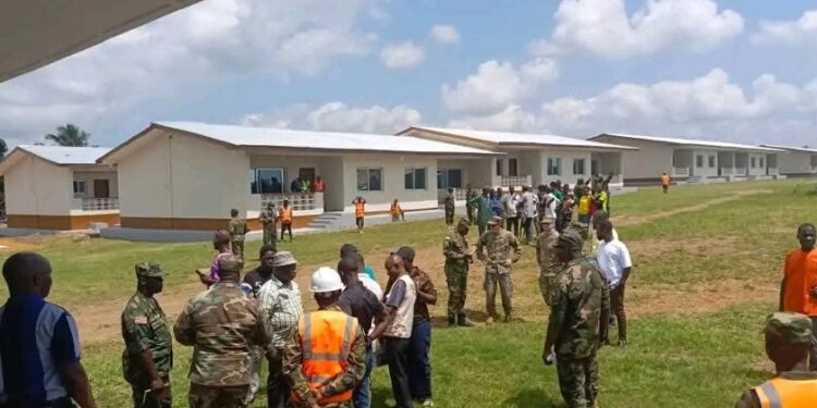 Liberian soldiers and officials inspect newly renovated Camp Grant Military Barracks in Sanniquillie, Nimba County ahead of dedication ceremony
