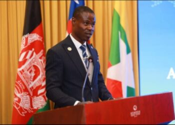 Assistant Mines Minister Carlos Eddison Tingban speaks at closing ceremony in China after completing mine safety training