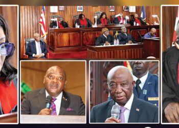 Collage of Liberia’s Supreme Court Justices in session, including Chief Justice and Associate Justices, with President Boakai and legal dignitaries during the 2025 opening of the judicial term.