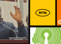 Clarence Massaquoi testifies before the Liberian Senate, with logos of MTN, Orange, and Liberia Telecommunications Corporation symbolizing his call for telecom market reform