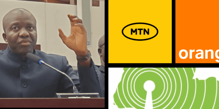 Clarence Massaquoi testifies before the Liberian Senate, with logos of MTN, Orange, and Liberia Telecommunications Corporation symbolizing his call for telecom market reform