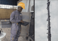 Liberian technician working at cell tower site in Kakata before fatal fall; separate image of tall telecom tower
