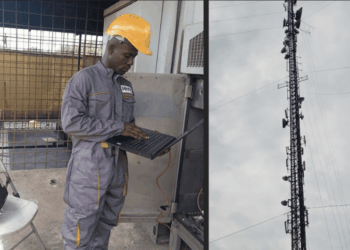 Liberian technician working at cell tower site in Kakata before fatal fall; separate image of tall telecom tower