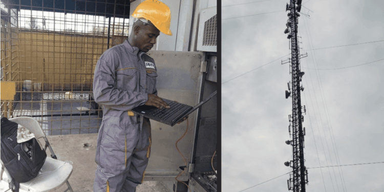 Liberian technician working at cell tower site in Kakata before fatal fall; separate image of tall telecom tower