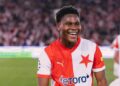 Divine Teah celebrates after scoring for Slavia Prague in a 4–2 preseason win over Dynamo Dresden