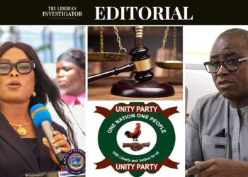Liberian editorial collage showing Priscilla Cooper, Abdullah Kamara, Unity Party emblem, and justice symbols—depicting alleged political bias in legal decisions