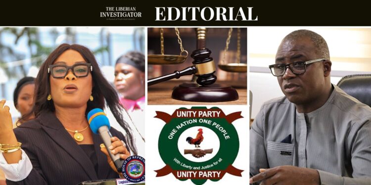 Liberian editorial collage showing Priscilla Cooper, Abdullah Kamara, Unity Party emblem, and justice symbols—depicting alleged political bias in legal decisions