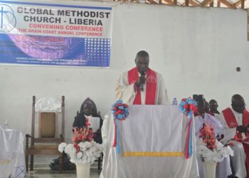 Global Methodist Church Liberia leadership at the podium during the first Annual Conference in Ganta confirming separation from the UMC