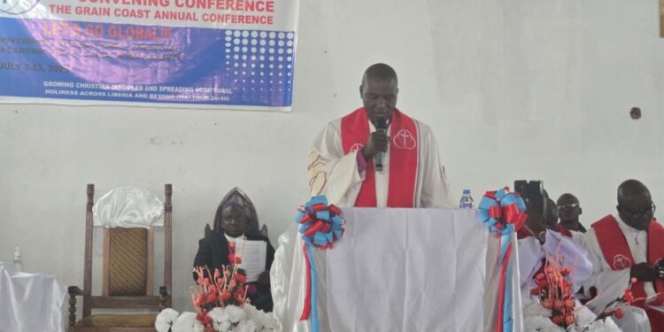 Global Methodist Church Liberia leadership at the podium during the first Annual Conference in Ganta confirming separation from the UMC