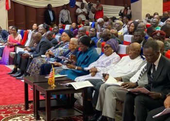 Liberian dignitaries including President Boakai, former President Sirleaf, and lawmakers attend the launch of the National Reconciliation, Healing, and Unity Program at the EJS Ministerial Complex in Monrovia.