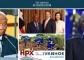 Collage showing President Joseph Boakai, HPX-Ivanhoe Atlantic mining activity, U.S. President Donald Trump, and the Ivanhoe Atlantic logo amid Liberia rail deal controversy