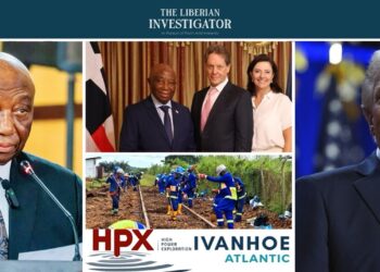 Collage showing President Joseph Boakai, HPX-Ivanhoe Atlantic mining activity, U.S. President Donald Trump, and the Ivanhoe Atlantic logo amid Liberia rail deal controversy