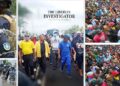 Liberian police in riot gear, opposition leader Mulbah Morlu marching with protesters, and large crowds demonstrating in Monrovia during the STAND-led protest against President Boakai's administration.