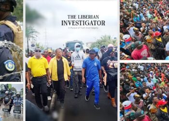 Liberian police in riot gear, opposition leader Mulbah Morlu marching with protesters, and large crowds demonstrating in Monrovia during the STAND-led protest against President Boakai's administration.