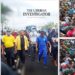 Liberian police in riot gear, opposition leader Mulbah Morlu marching with protesters, and large crowds demonstrating in Monrovia during the STAND-led protest against President Boakai's administration.