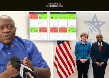 Liberian Finance Minister Augustine Ngafuan addresses the press on MCC compact progress, with President Boakai seen during U.S. meetings.