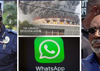 Liberian police, Capitol Building on fire, WhatsApp logo, and J. Fonati Koffa collage representing the Capitol arson case