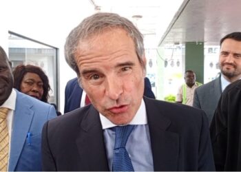 IAEA Director General Rafael Grossi speaks to reporters during his first official visit to Liberia, flanked by EPA and Foreign Ministry officials.